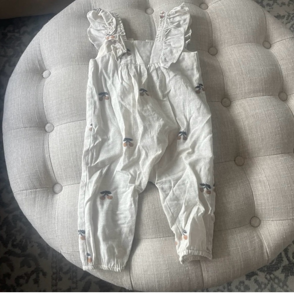 Zara Cream Ruffle-Strap Palm Print Jumpsuit